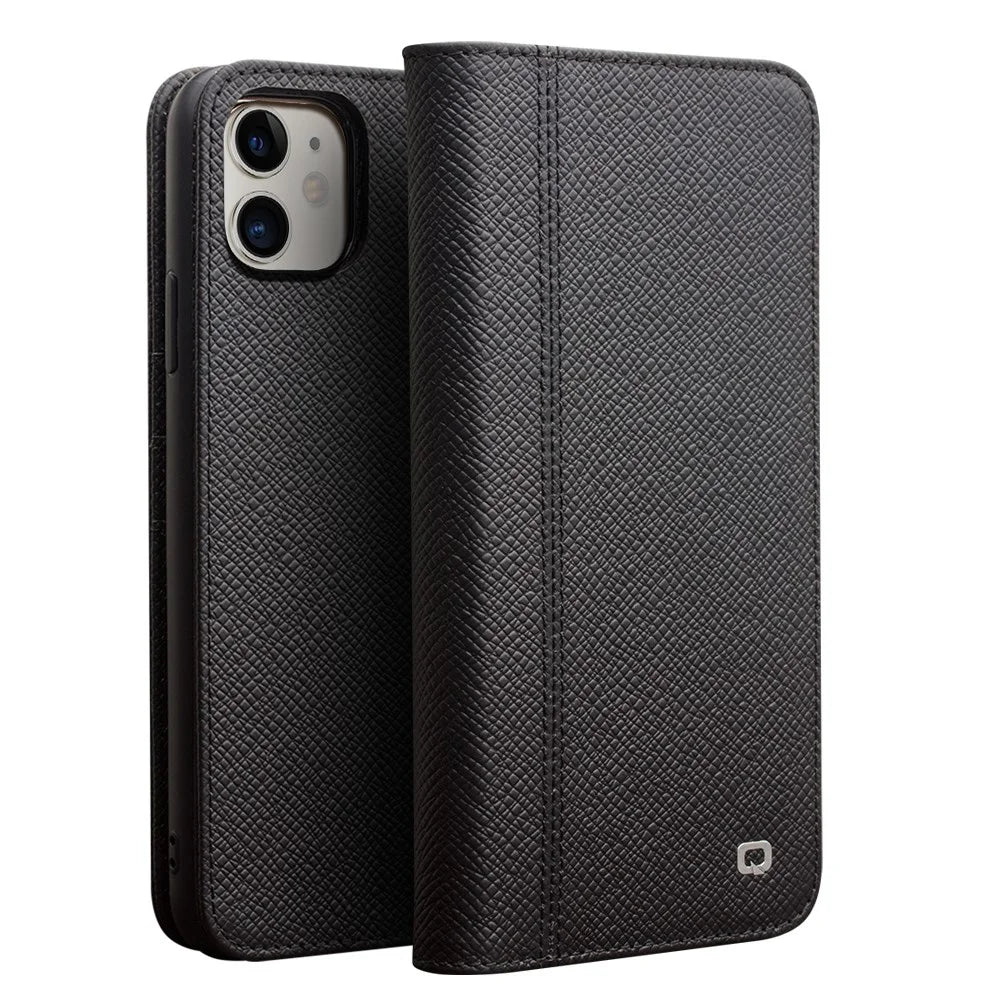 QIALINO Cross Texture Genuine Leather + TPU Detachable 2 in 1 Shell for iPhone 11 6.1 inch - Black - 1