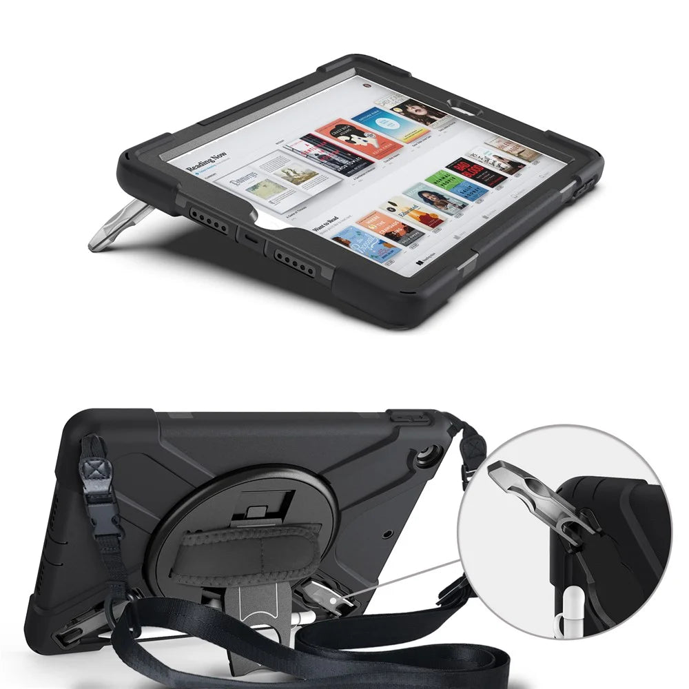 X-Shape PC + TPU Hybrid Case / Two Types Kickstand / Hand Strap and Shoulder Strap / Pen Slot for iPad 10.2 (2021)/(2020)/(2019) - Black - 2