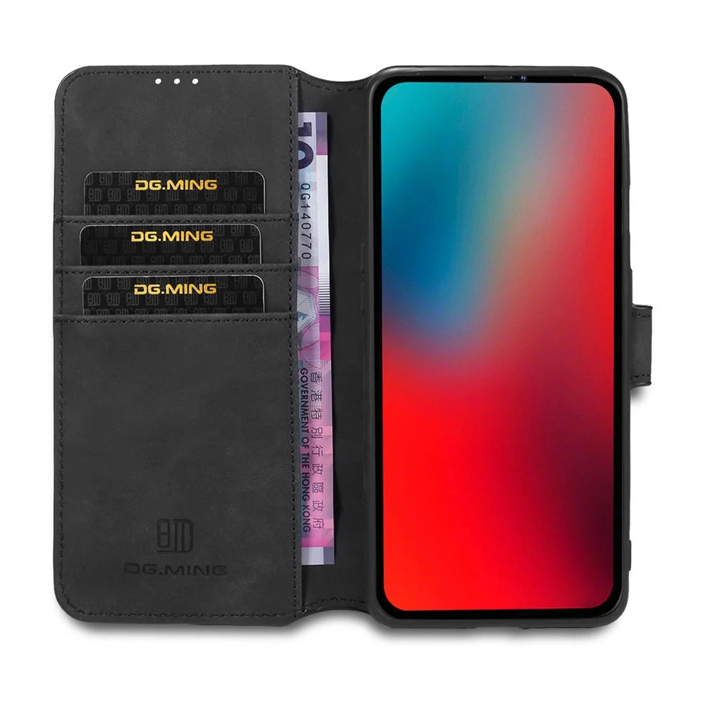 DG.MING Retro Style Leather Wallet Stand Case for iPhone 12 mini - Black - 4