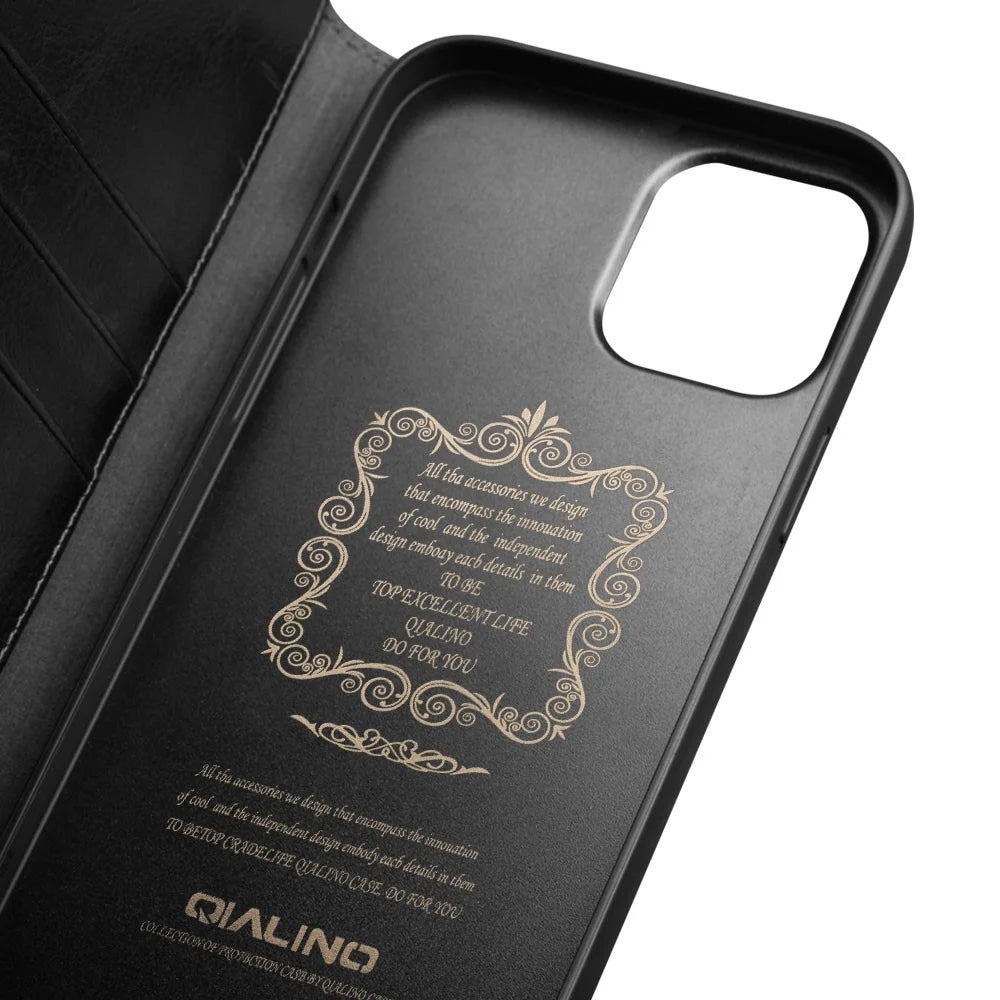QIALINO For iPhone 12 Pro Max 6.7 inch Genuine Cowhide Leather Phone Case Wallet Stand Shockproof Protective Cover - Black - 3
