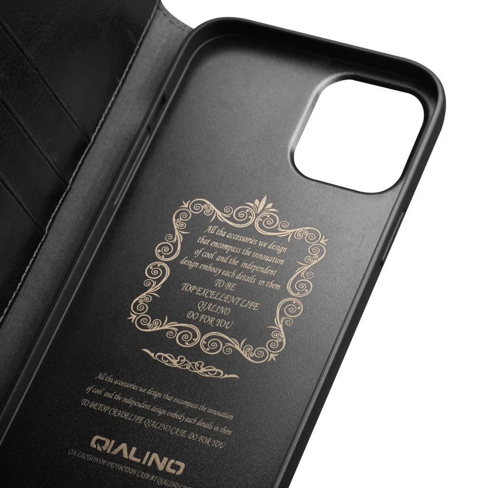 QIALINO For iPhone 12 mini 5.4 inch Genuine Cowhide Leather Case Wallet Stand Phone Cover - Black - 3