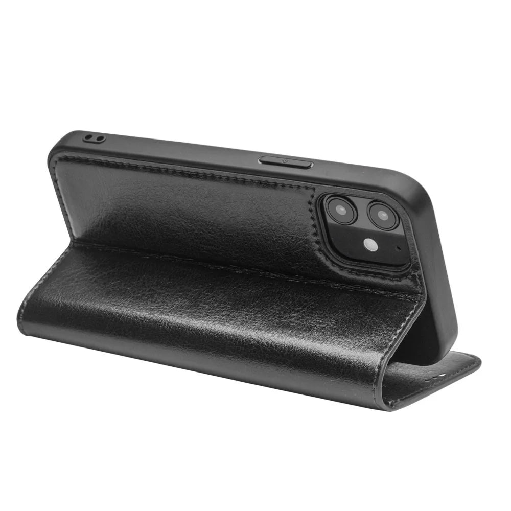QIALINO For iPhone 12 mini 5.4 inch Genuine Cowhide Leather Case Wallet Stand Phone Cover - Black - 5
