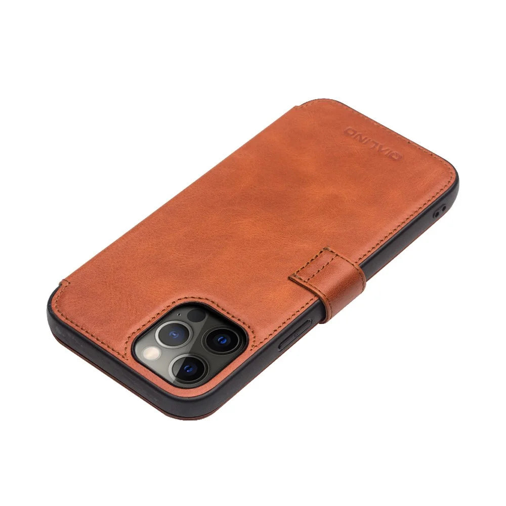 QIALINO For iPhone 12 Pro Max 6.7 inch Magnetic Clasp Cowhide Leather Wallet Case Stand Cover - Light Brown - 3
