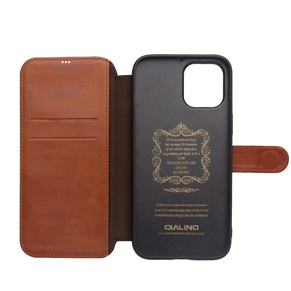 QIALINO For iPhone 12 Pro Max 6.7 inch Magnetic Clasp Cowhide Leather Wallet Case Stand Cover - Light Brown - 4