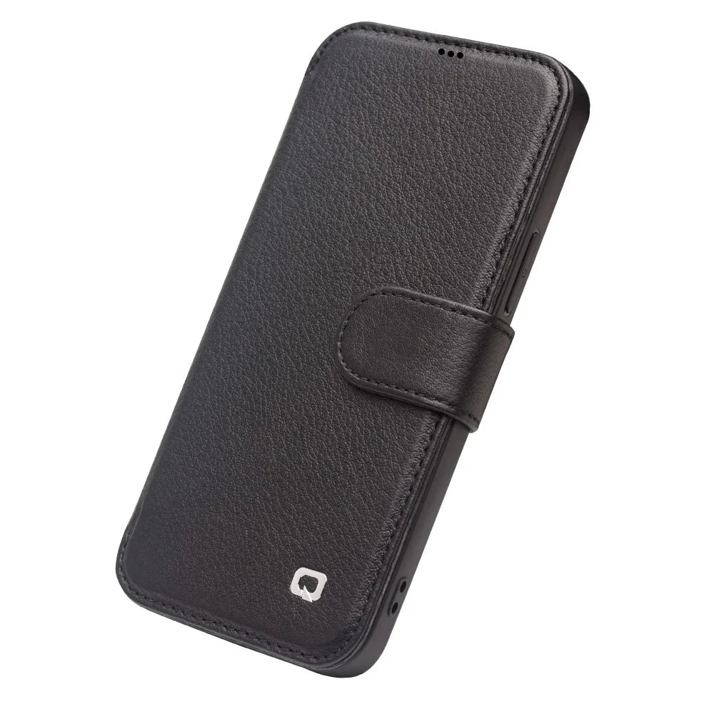 QIALINO Commercial Magnetic Clasp Top Cowhide Leather Case for iPhone 12 mini Cover - Black - 2