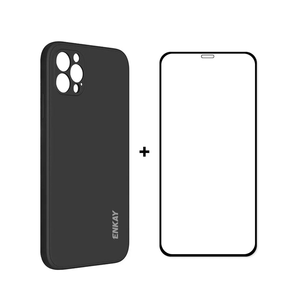 ENKAY ENK-PC0702 Plain Silicone Phone Cover Case + Full Glue Complete Cover 0.26mm 9H 2.5D Tempered Glass Screen Film for iPhone 12 Pro Max - Black - 1