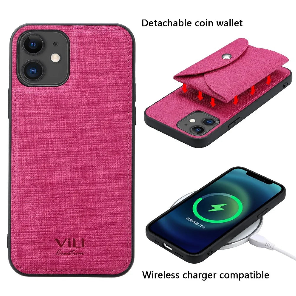 VILI T Series Movable Magnetic Absorption Wallet Leather Coated TPU Phone Case for iPhone 12 Pro / 12 6.1 inch - Rose - 3