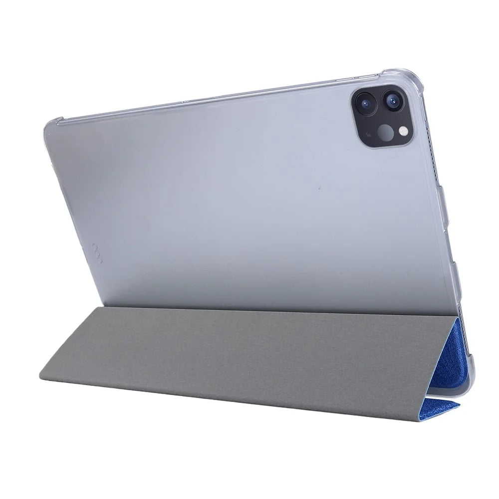 Silk Texture Tri-fold Stand PU Leather Tablet Smart Case Cover Shell for iPad Pro 12.9-inch (2021) - Dark Blue - 5