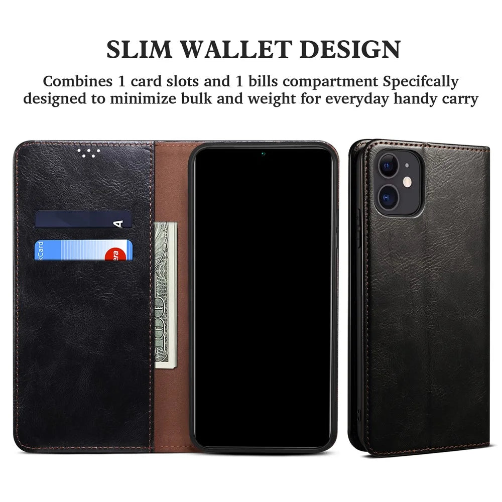 Wallet Design Oil-Waxy Leather Full Protection Phone Stand Case for iPhone 13 6.1 inch - Black - 5
