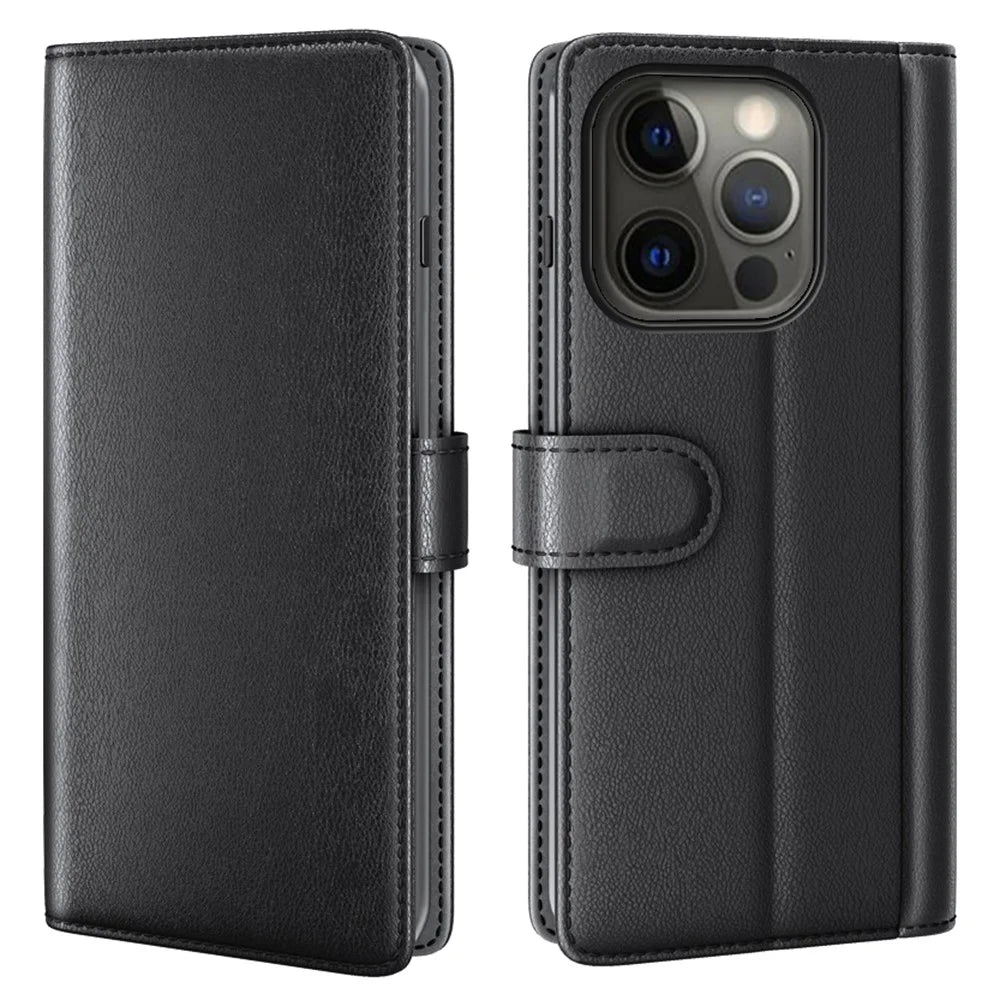 Genuine Leather Wallet Design Phone Stand Shell Case for iPhone 13 Pro Max 6.7 inch - Black - 1