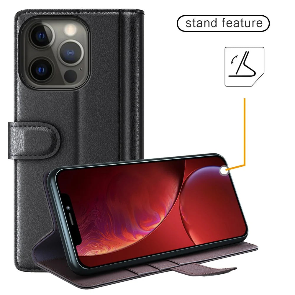 Genuine Leather Wallet Design Phone Stand Shell Case for iPhone 13 Pro Max 6.7 inch - Black - 4