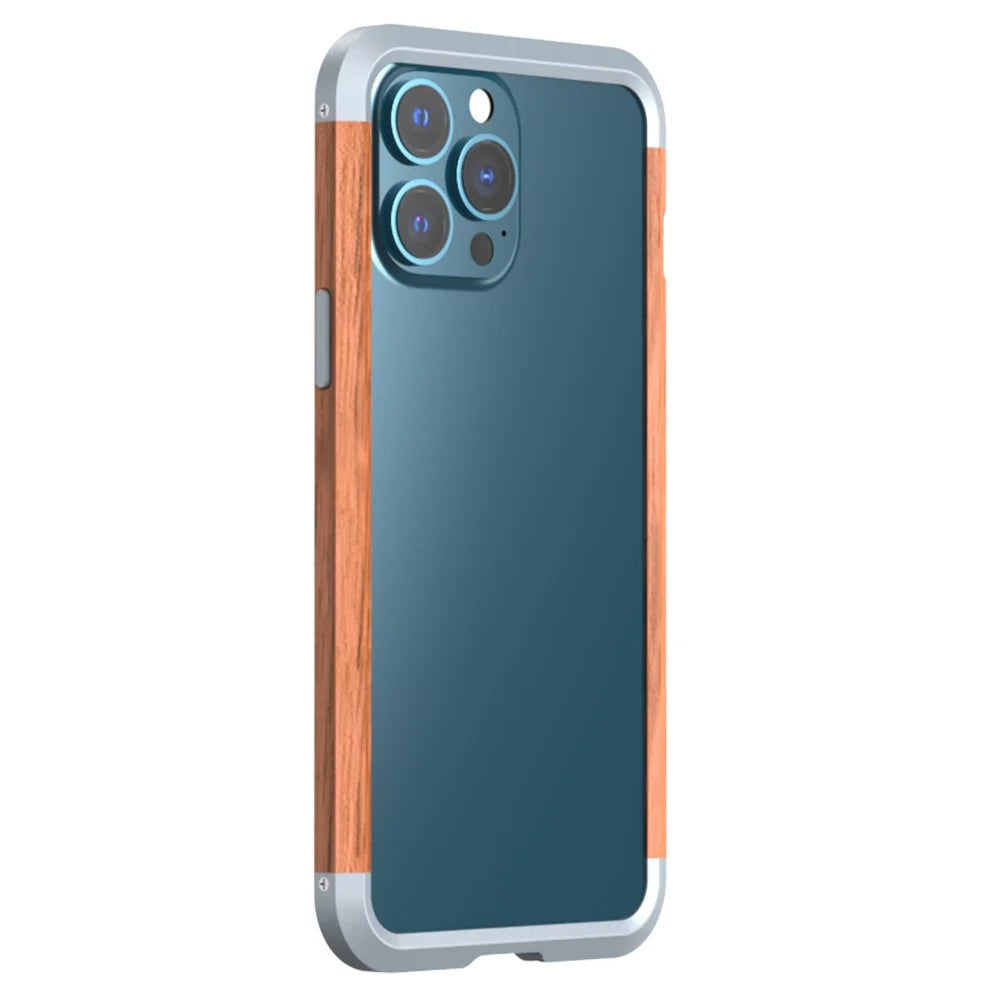 R-JUST Real Nature Stylish Wood + Aluminum Alloy Metal Bumper Frame Ultra Slim Shockproof Protective Case for iPhone 13 Pro 6.1 inch - 3