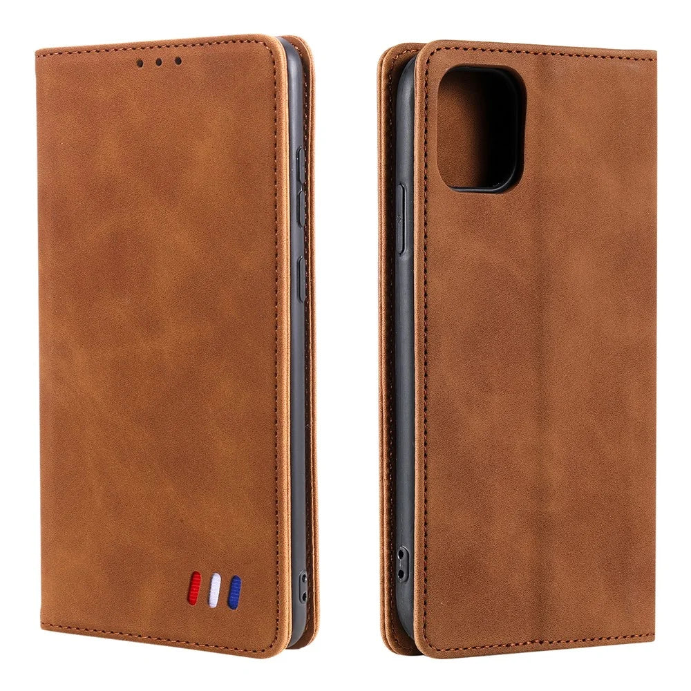 001 Series Auto-absorbed Skin-touch Feeling Leather Full-Protection Phone Case with Stand Design for iPhone 13 Pro 6.1 inch - Brown - 1