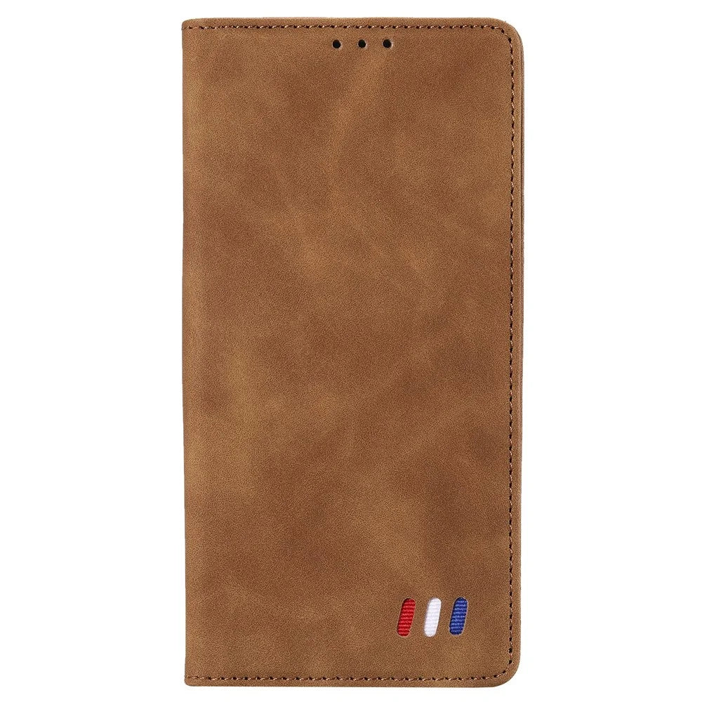 001 Series Auto-absorbed Skin-touch Feeling Leather Full-Protection Phone Case with Stand Design for iPhone 13 Pro 6.1 inch - Brown - 2