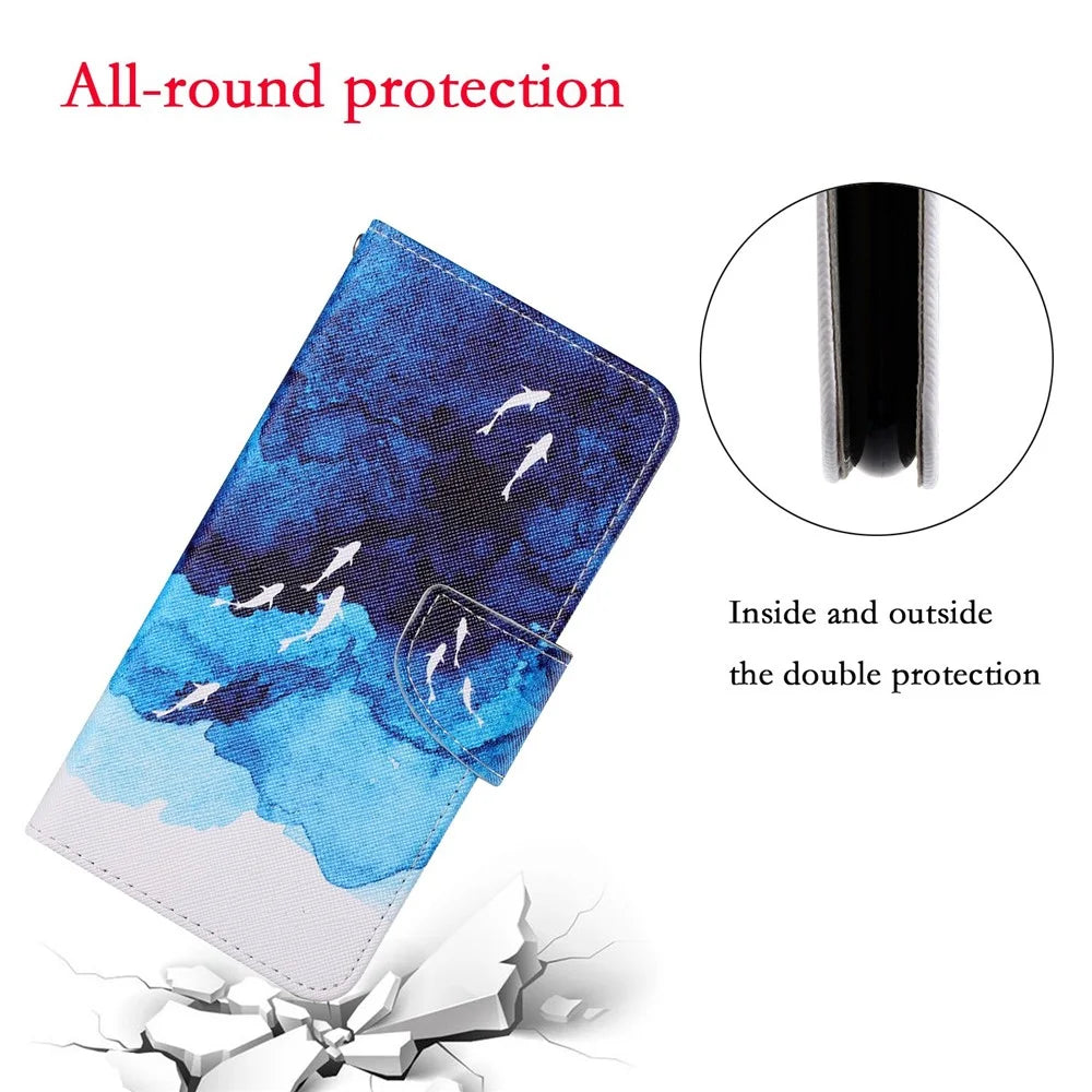 All-round Protective Pattern Printing Leather Phone Stand Shell with Strap for iPhone 13 6.1 inch - White Whale and Sea - 3