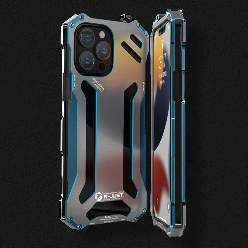 R-JUST Aluminum Alloy Metal Bumper Hollow Rugged Shockproof Cover for iPhone 13 Pro Max 6.7 inch - Black - 2
