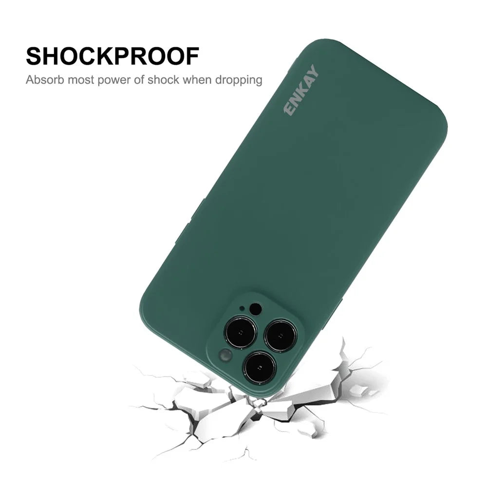 ENKAY HAT PRINCE Smooth Touch Flexible Liquid Silicone Straight Edging Phone Cover + Full Coverage Tempered Glass Silk Print Full Glue Protector Set for iPhone 13 Pro Max 6.7 inch - Dark Green - 6