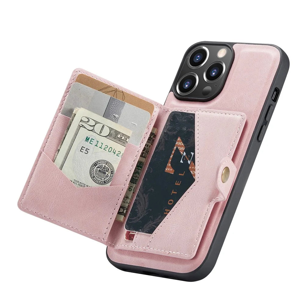 JEEHOOD Detachable 2-in-1 Phone Case Kickstand Wallet Magnetic Design Leather Coated TPU Phone Cover for iPhone 13 6.1 inch - Rose Gold - 4