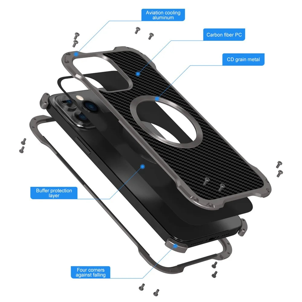 R-JUST Back Hollow Heat Dissipation Drop-Resistant Carbon Fiber PC + Aluminum Alloy Phone Case for iPhone 13 Pro Max 6.7 inch - Grey - 4