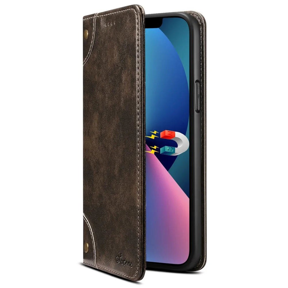SUTENI 055 Series Anti-Scratch Anti-Drop Flip Phone Cover PU Leather+TPU Case Shell with Wallet and Stand for iPhone 13 6.1 inch - Black - 2