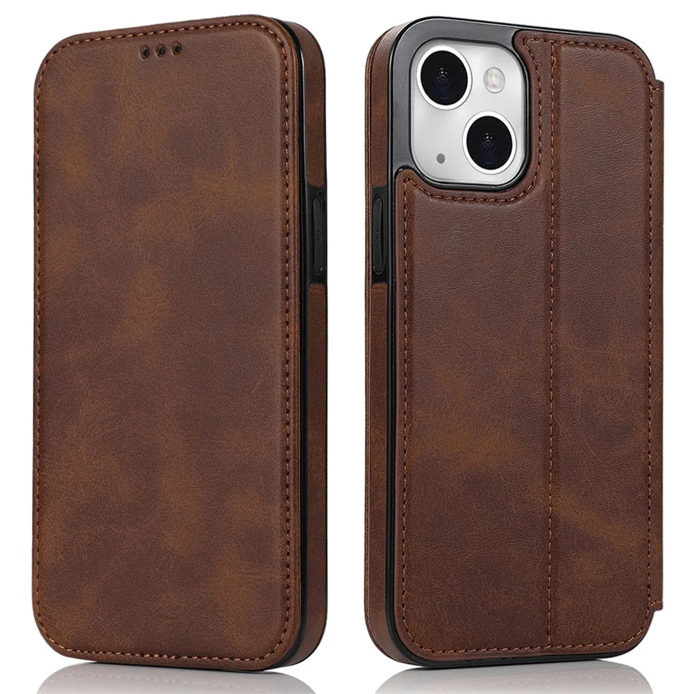 Jazz Series Card Slots PU Leather Magnetic Auto Closing Phone Cover Stand Protective Shell for iPhone 13 6.1 inch - Brown - 1