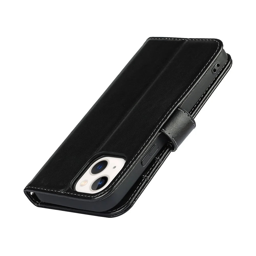 R61 Texture Felled Seam Phone Case Well-Protected Anti-Fall PU Leather Stand Wallet Cover Shell for iPhone 13 mini 5.4 inch - Black - 7