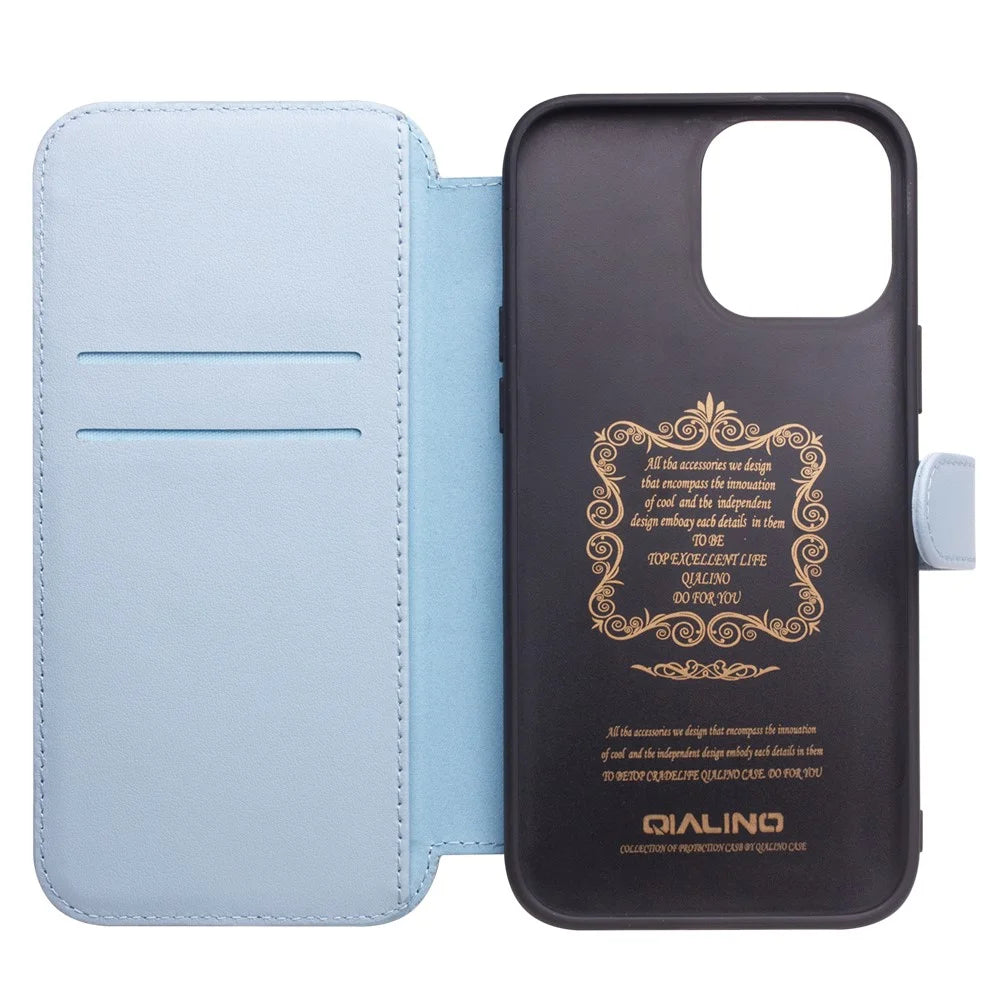QIALINO Genuine Cowhide Leather Wallet Protective Phone Case Cover for iPhone 13 mini 5.4 inch - Blue - 3