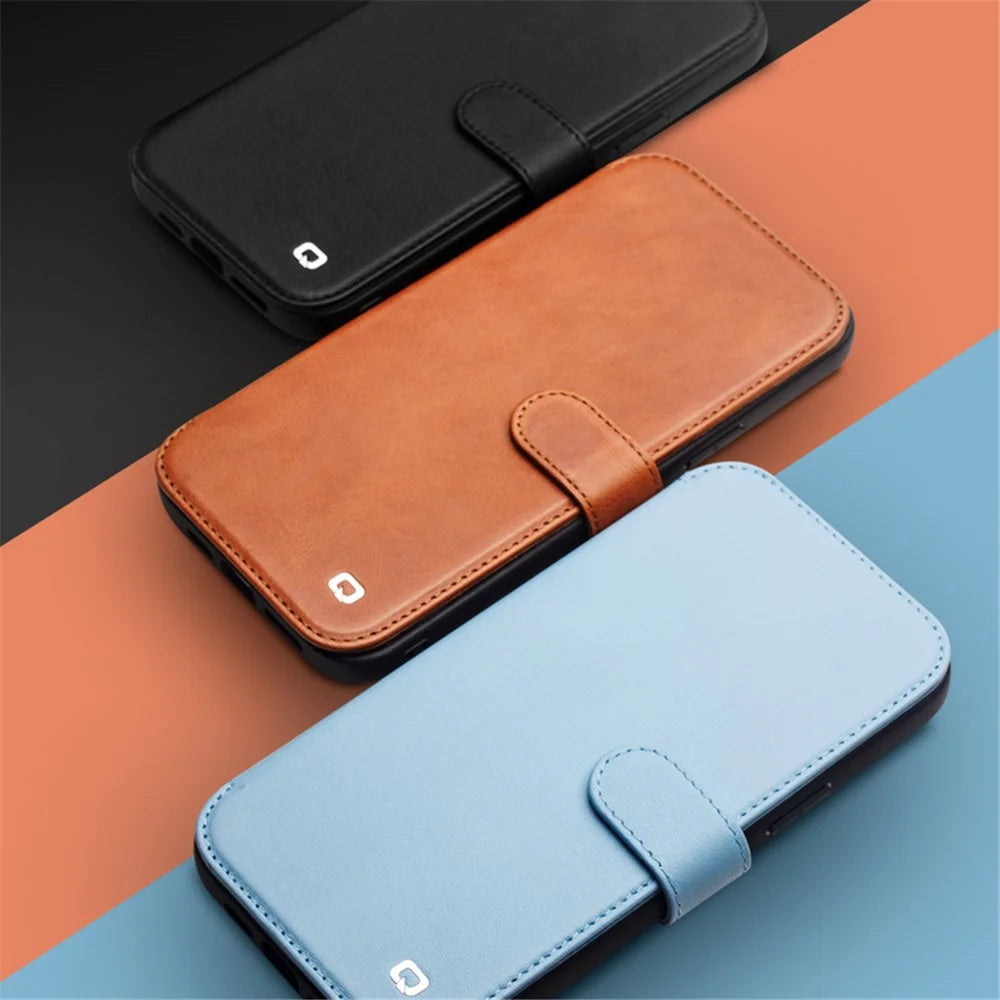 QIALINO Genuine Cowhide Leather Wallet Protective Phone Case Cover for iPhone 13 mini 5.4 inch - Blue - 7