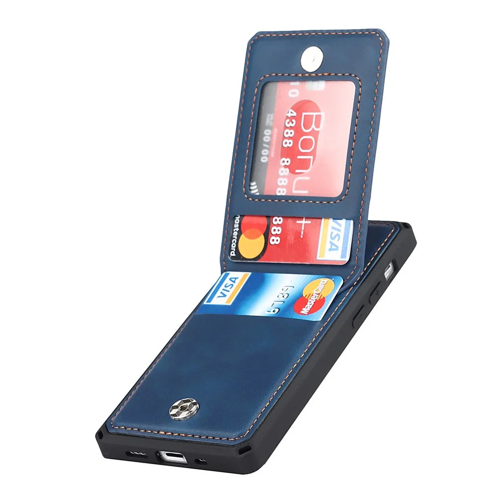 Vertical Flip Card Slots Design Wrist Strap Skin-Touch PU Leather Coated TPU Phone Case with Kickstand for iPhone 13 mini 5.4 inch - Blue - 4