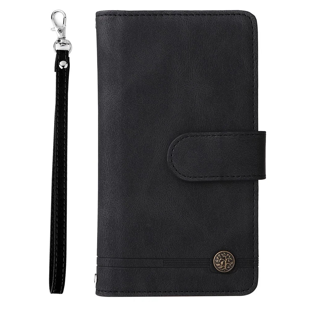 Mobile Phone Stripes Imprinted Skin-touch Wallet Stand Leather Cover Card Slots Flip Protective Case with Zipper Pocket for iPhone 13 mini 5.4 inch - Black - 2