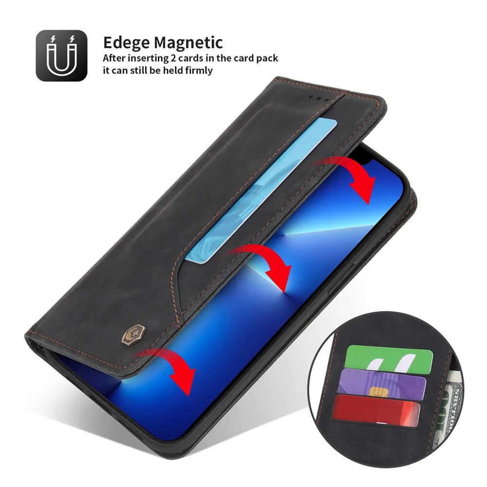 POLA 008 Series Auto Closing Magnetic Retro PU Leather Flip Wallet Phone Case with Stand for iPhone 13 Pro 6.1 inch - Black - 7