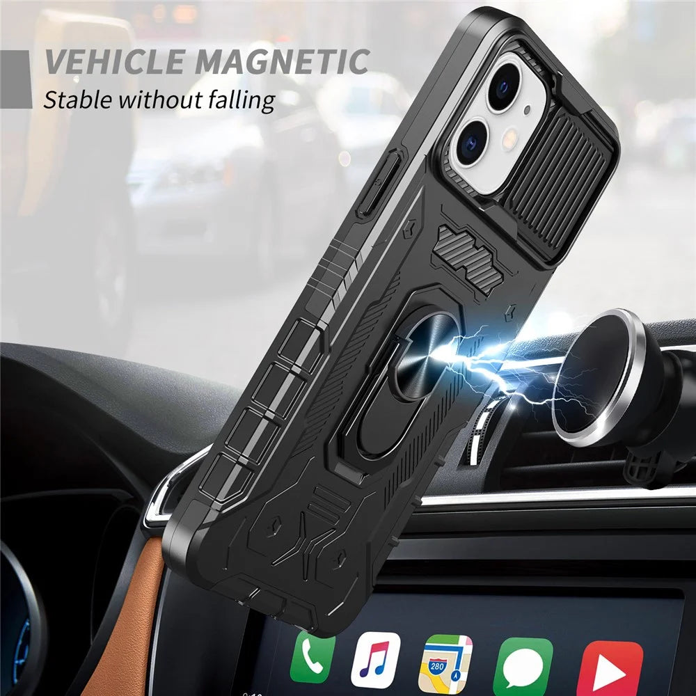 For iPhone 11 6.1 inch Slide Camera Protector Kickstand PC + TPU Hybrid Phone Case Shell with Tempered Glass Film - Black - 4
