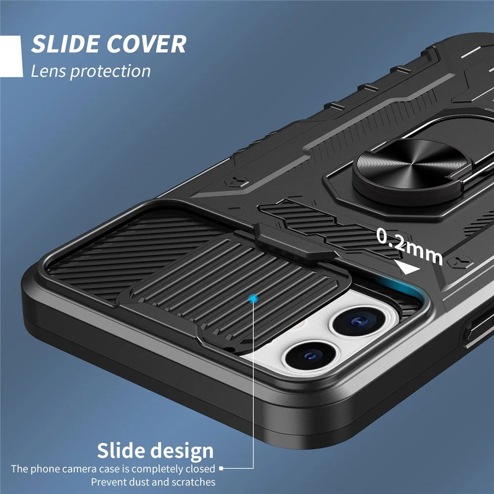 For iPhone 11 6.1 inch Slide Camera Protector Kickstand PC + TPU Hybrid Phone Case Shell with Tempered Glass Film - Black - 5