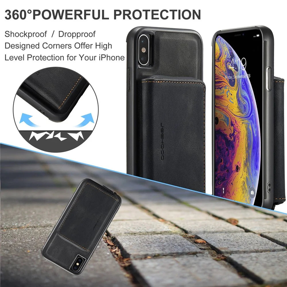 JEEHOOD For iPhone X/XS 5.8 inch Kickstand Design Detachable Magnetic Zipper Wallet Shell Leather Coated TPU Mobile Phone Case - Black - 6