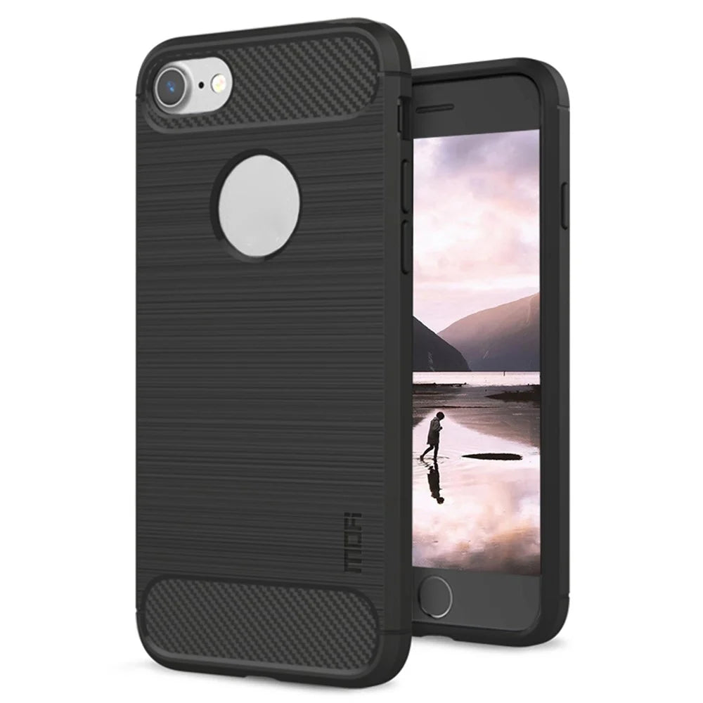 MOFI For iPhone SE (2022)/(2020)/7 4.7 inch/8 4.7 inch Carbon Fiber Brushed Surface Phone Case Anti-scratch Soft TPU Cover - Black - 1