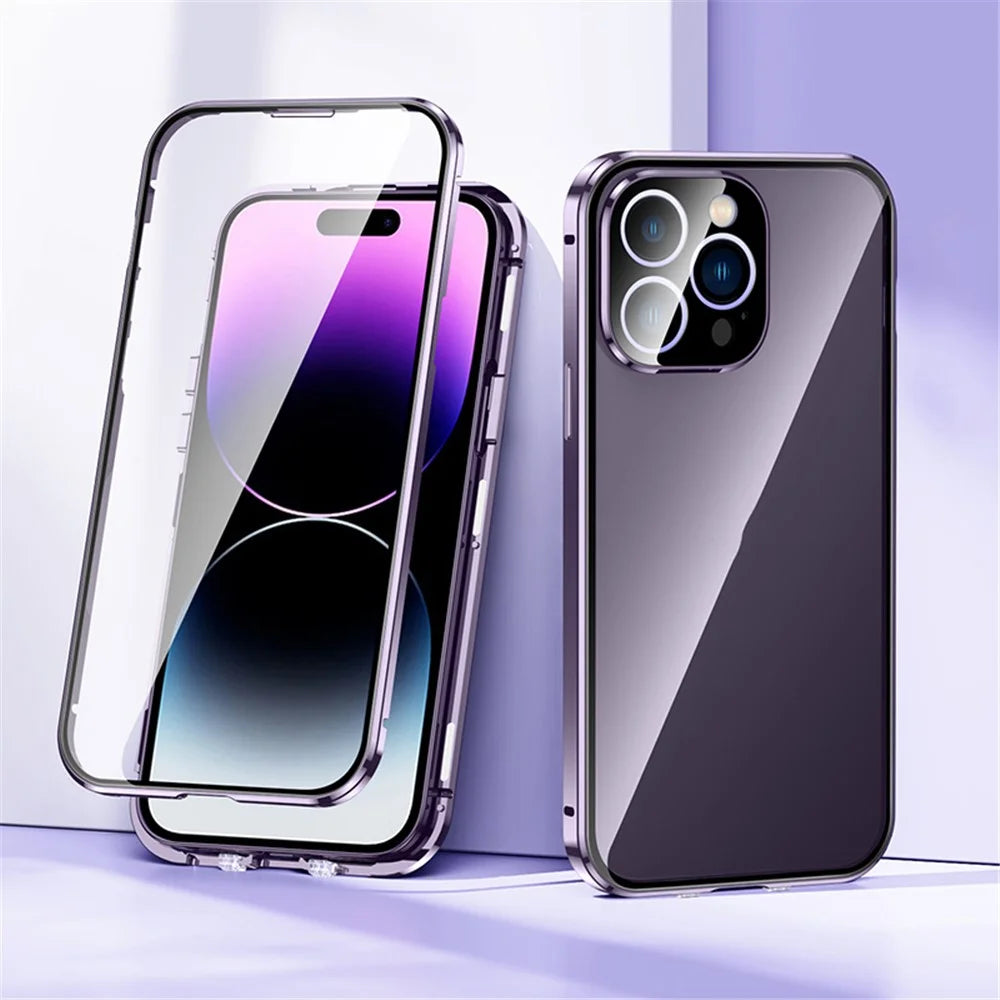 For iPhone 15 Pro Max Double Sides Tempered Glass+Metal Frame Case Straight Edge Magnetic Phone Cover with Buckle - Purple - 2