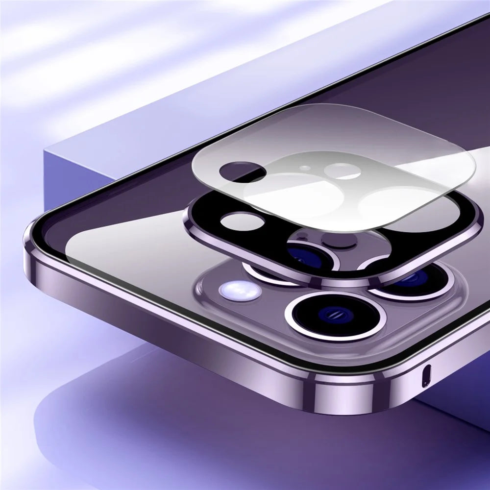 For iPhone 15 Pro Max Double Sides Tempered Glass+Metal Frame Case Straight Edge Magnetic Phone Cover with Buckle - Purple - 5