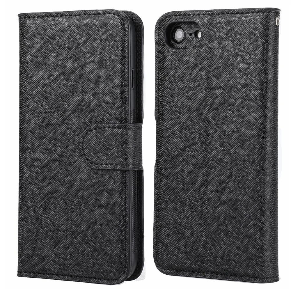 For iPhone 7/8/SE (2020)/SE (2022) Cross Texture Leather Cover + Detachable TPU Back Phone Flip Case - Black - 1
