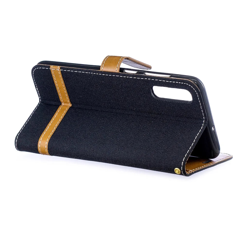 Two-tone Jean Cloth PU Leather Flip Case for Samsung Galaxy A70 - Black - 4