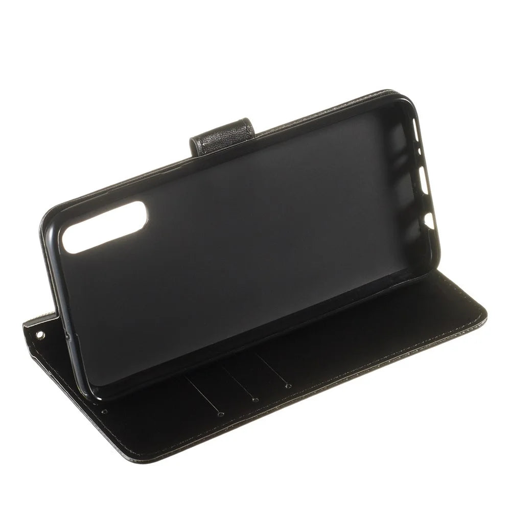 Solid Color Leather Wallet Stand Phone Case Cover for Samsung Galaxy A70 - Black - 6