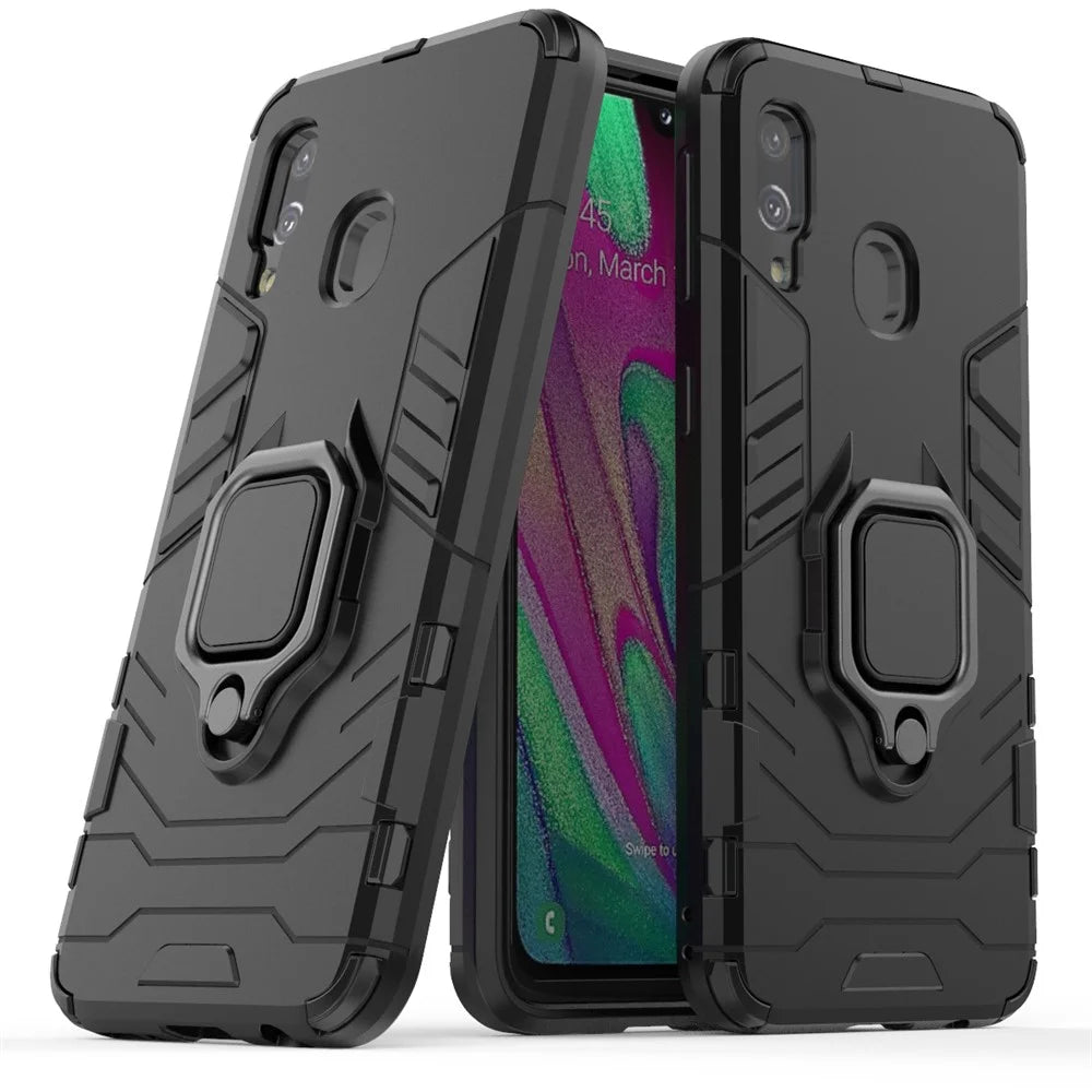 Cool Guard Ring Holder Kickstand PC TPU Hybrid Case for Samsung Galaxy A40 - Black - 1