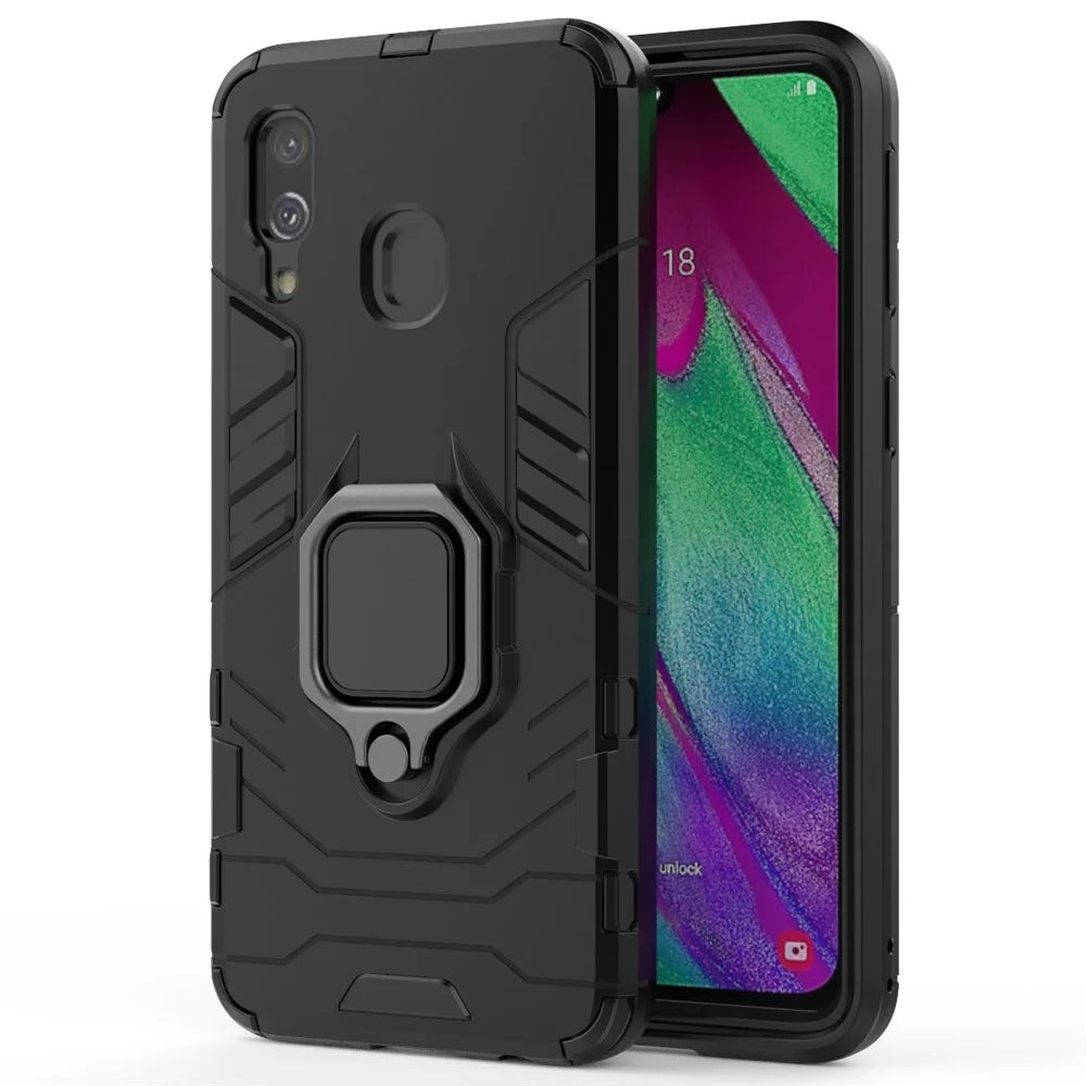 Cool Guard Ring Holder Kickstand PC TPU Hybrid Case for Samsung Galaxy A40 - Black - 2