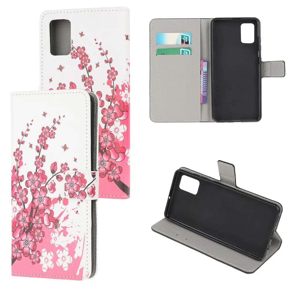 For Samsung Galaxy A51 Pattern Printing Wallet Leather Cover with Adjustable Stand - Plum Blossom - 1