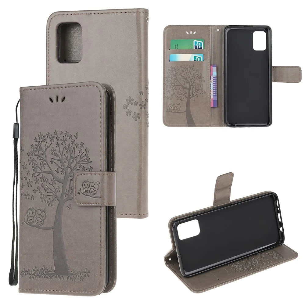 For Samsung Galaxy A51 Imprint Tree Owl Wallet Leather Protective Case - Grey - 1