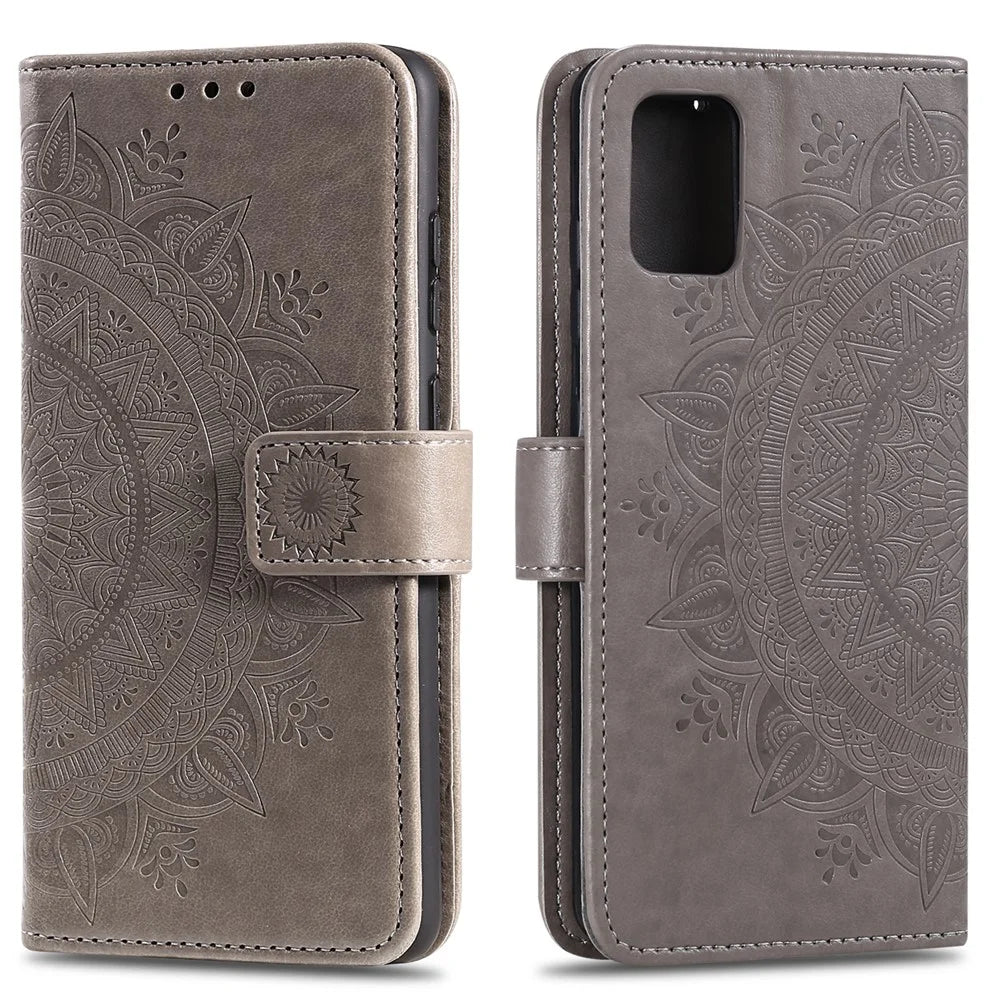 Imprinted Mandala Flower PU Leather Case Flip Stand Wallet Phone Cover with Strap for Samsung Galaxy A51 4G - Grey - 1