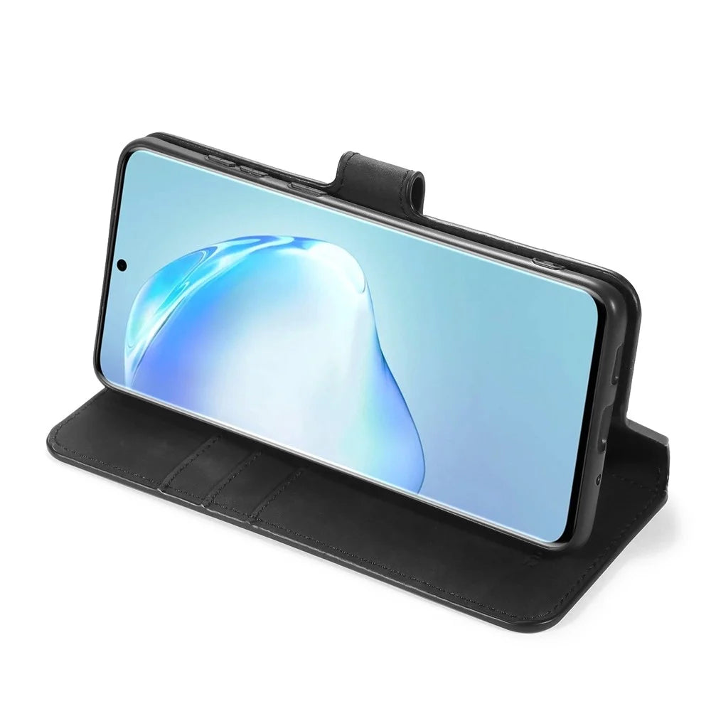 DG.MING Retro Style Leather Wallet Stand Protective Shell Case for Samsung Galaxy S20 4G/S20 5G - Black - 5