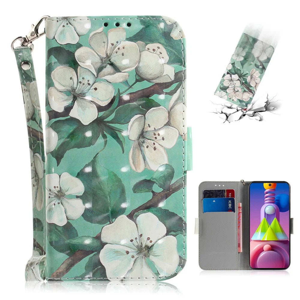 Light Spot Decor Pattern Printing Wallet Stand Leather Phone Case with Strap for Samsung Galaxy M51 - White Flowers - 1