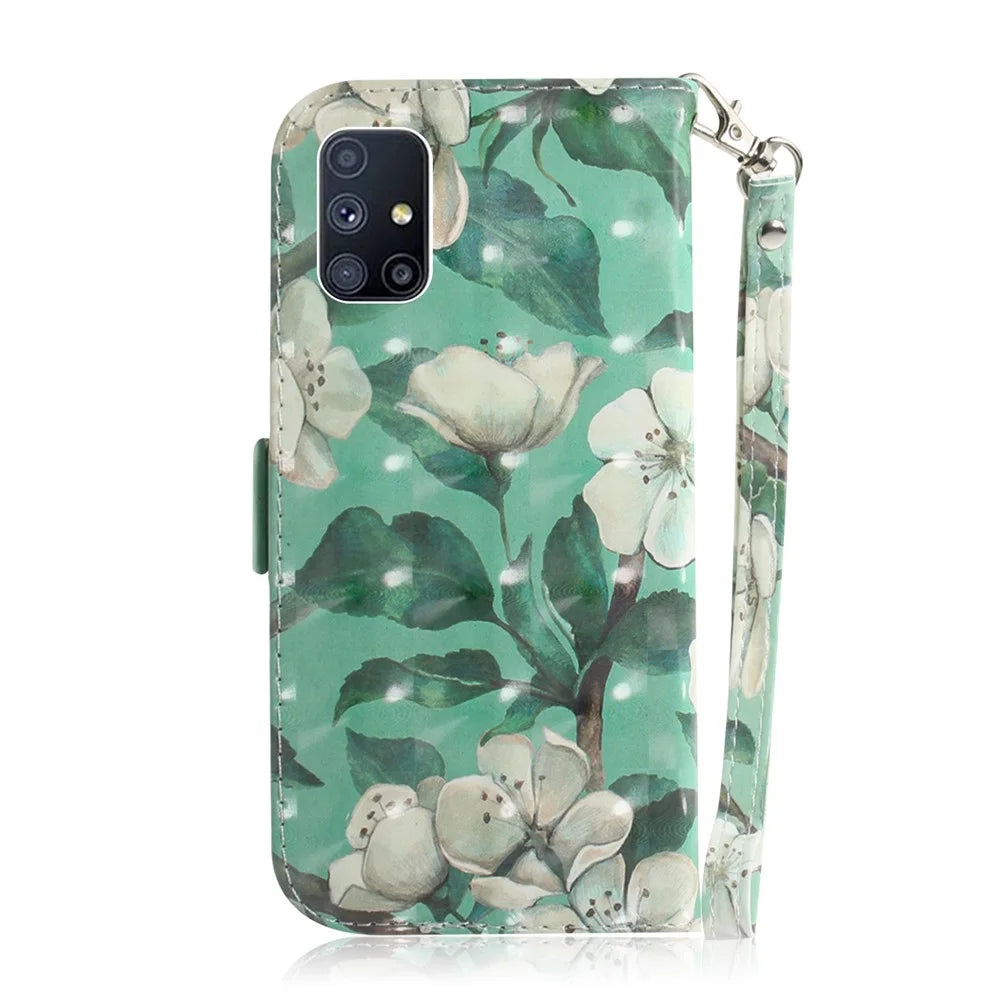 Light Spot Decor Pattern Printing Wallet Stand Leather Phone Case with Strap for Samsung Galaxy M51 - White Flowers - 3