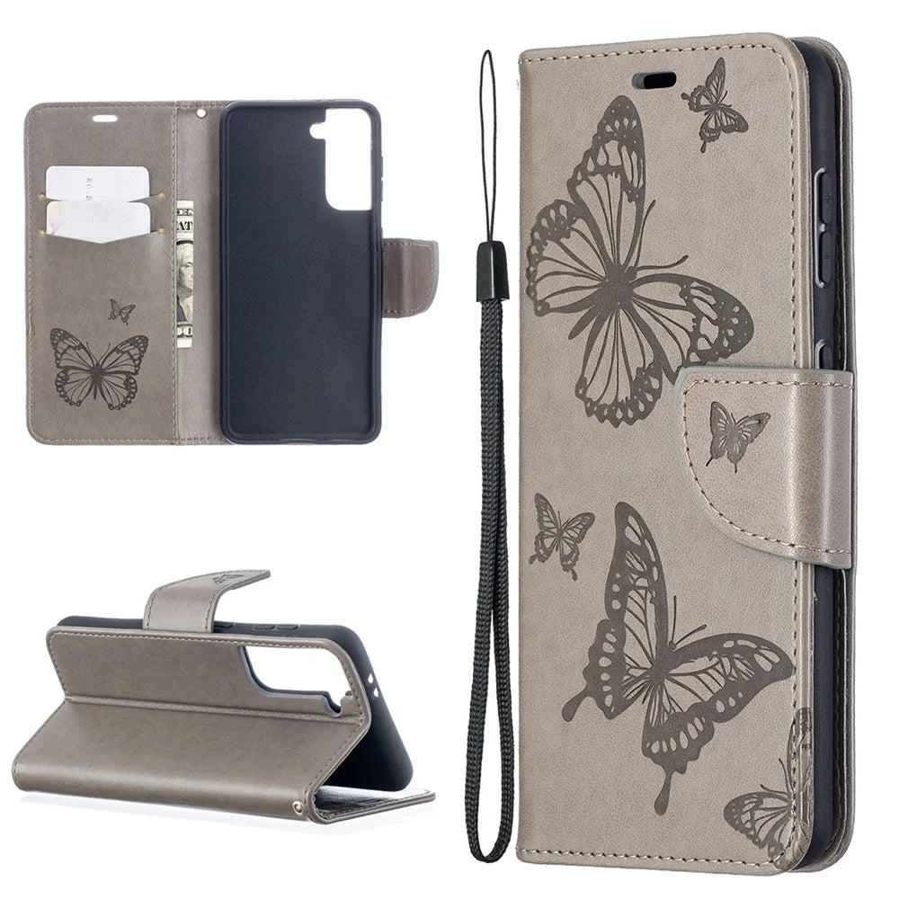 Imprint Butterflies Pattern Wallet Stand Leather Phone Cover for Samsung Galaxy S21 4G / 5G - Grey - 1