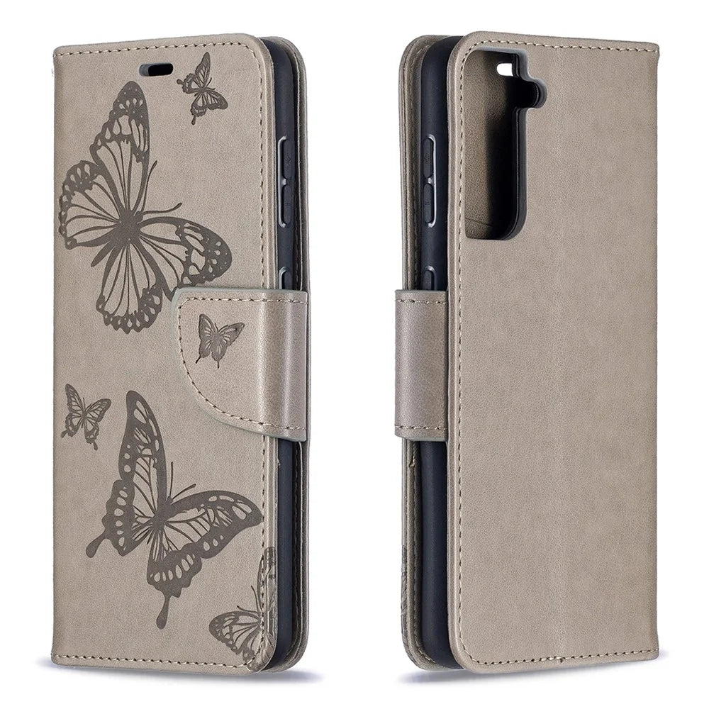 Imprint Butterflies Pattern Wallet Stand Leather Phone Cover for Samsung Galaxy S21 4G / 5G - Grey - 4